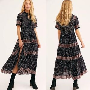 Free people Rare Feelings Black Floral Print Tiered Pleated Maxi Dress